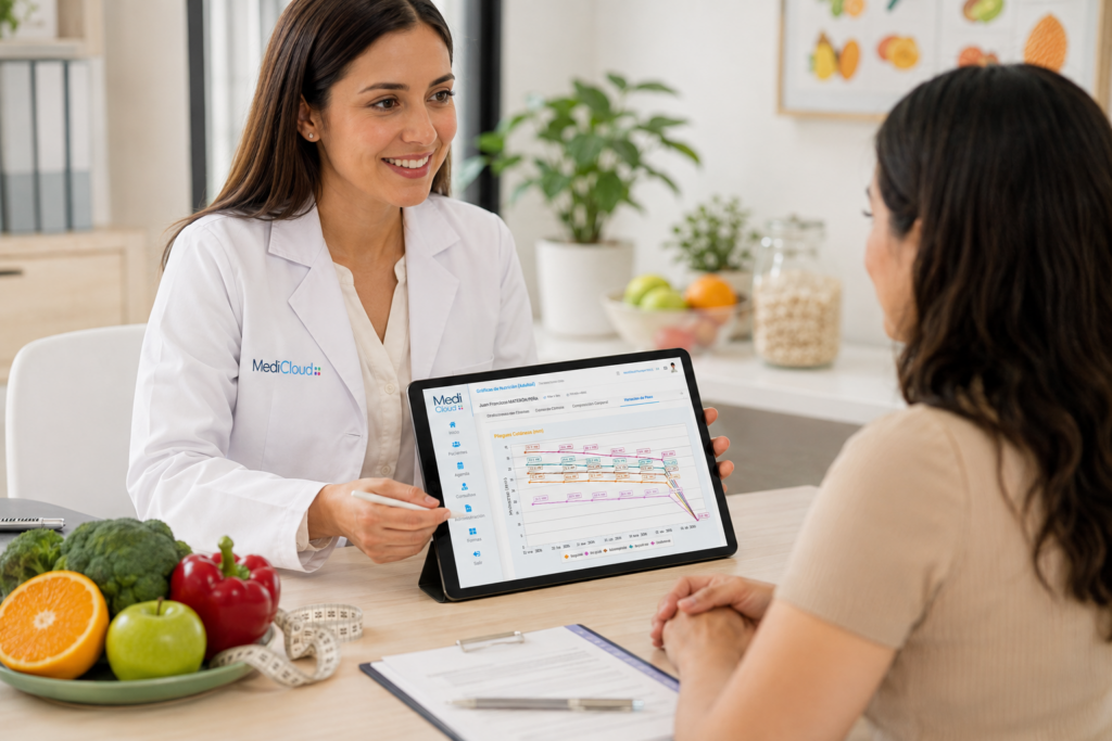 Nutricionista revisando el seguimiento de un paciente en una tablet dentro de su consultorio